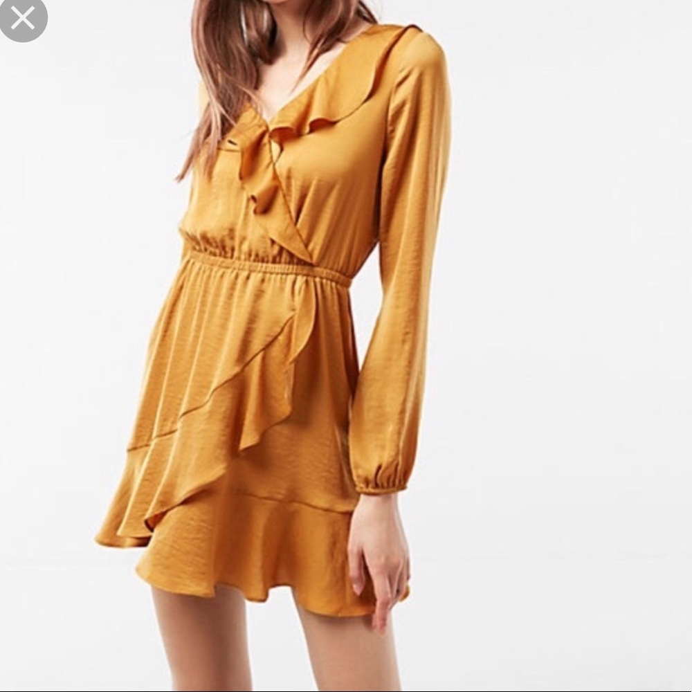 DONATING SOON Express Mustard Wrap Ruffle Dress